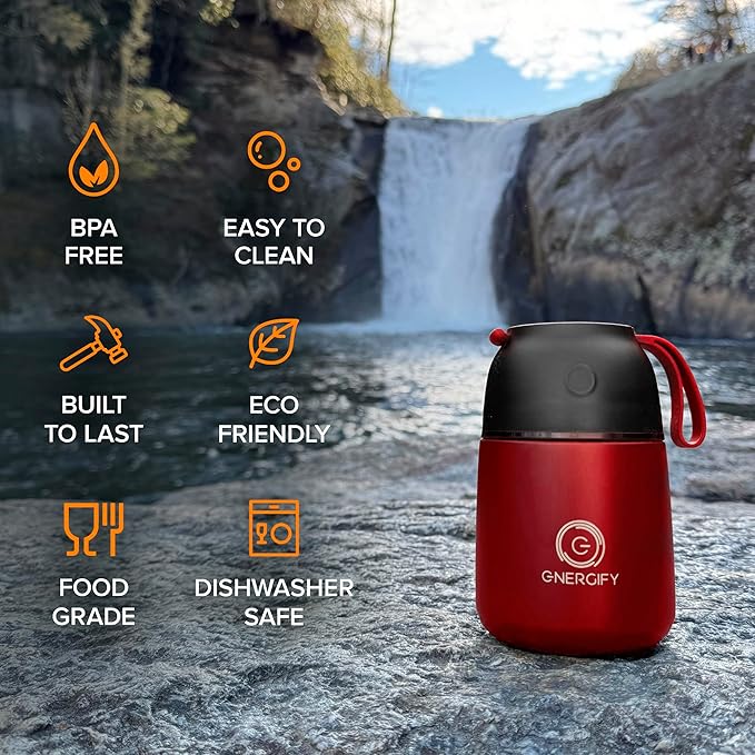 ENERGIFY Vacuum Insulated Food Jar. Large 17oz Bowl incl. Folding Spoon, Cup. Wide Mouth Keep Hot & Cold Drinks Soup Lunch Container for Adults. BPA-Free Stainless Steel, Leak Prooff Radiant red