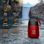 ENERGIFY Vacuum Insulated Food Jar. Large 17oz Bowl incl. Folding Spoon, Cup. Wide Mouth Keep Hot & Cold Drinks Soup Lunch Container for Adults. BPA-Free Stainless Steel, Leak Prooff Radiant red