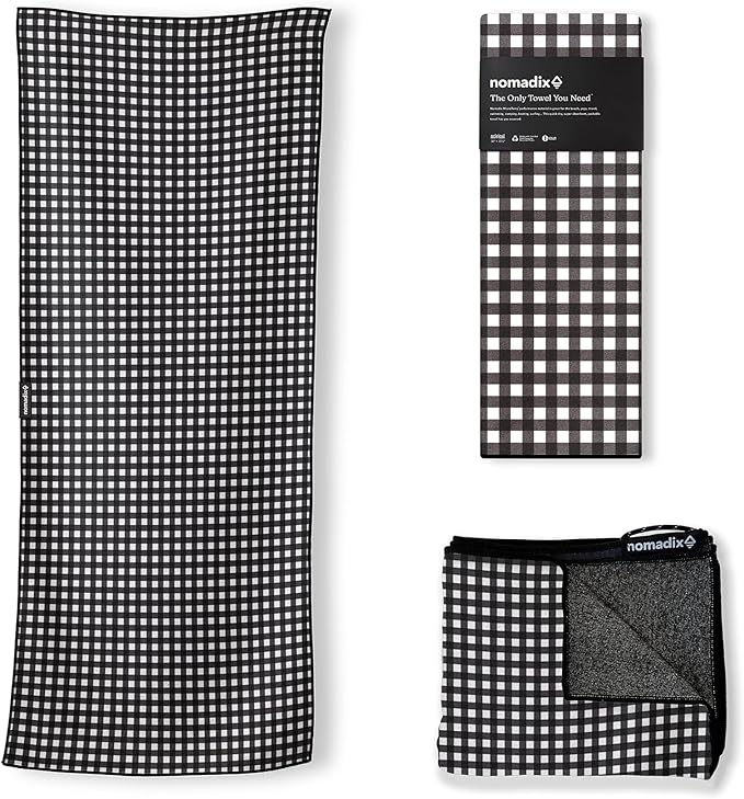 Nomadix Original Towel - Perfect for Beach, Pool, Travel, Camping, Yoga - Made with Recycled Materials - Super Absorbent - Sand Resistant - Gingham Black - 72.5x30