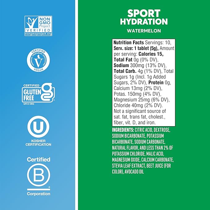 Nuun Sport Electrolyte Tablets with Magnesium, Calcium, Potassium, Chloride & Sodium, Gluten Free & Vegan, Watermelon, 4 Pack (40 Servings Total)