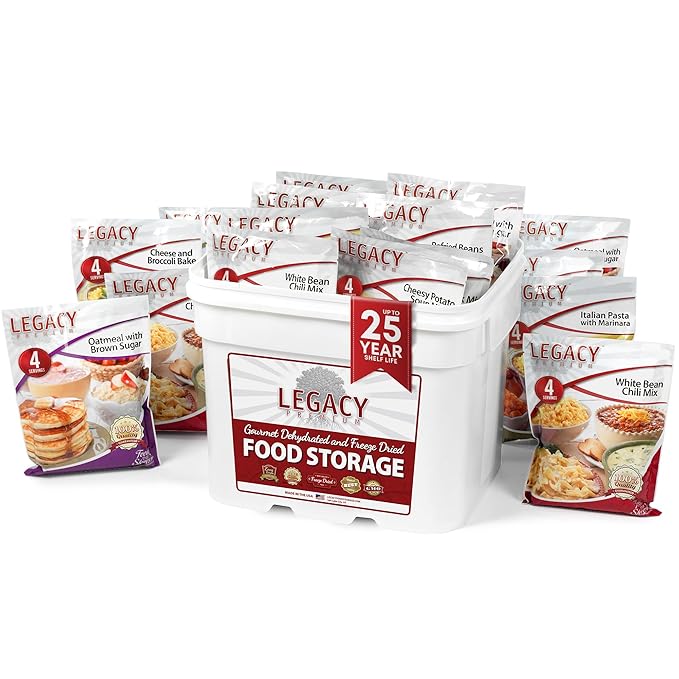 Legacy Food Storage 120 Serving Emergency Food Supply Bucket, 16 Entrees, 48,640 Total Calories, Shelf Stable Breakfast Lunch & Dinner, Freeze Dried Survival Meals for MRE Camping, Hiking, Prepping