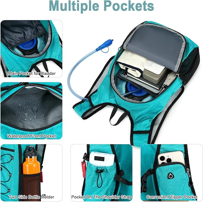 BOVIP Lightweight Hydration Back,15L Multipurpose Hiking Backpack with 1.5L Water Bladder ,Hydro Water Daypack for Cycling Hiking Rave for Men Women