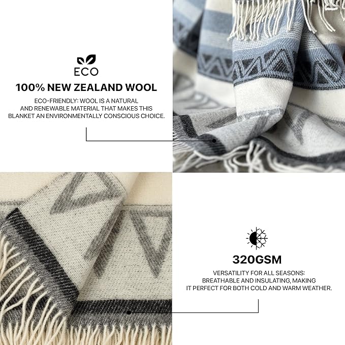 New Zealand Virgin Wool Throw Blanket, Indoor & Outdoor Blankets and Throws, Soft Blanket with Fringes, 55 x 79 in (140 x 200 cm), Beige Gray Blue