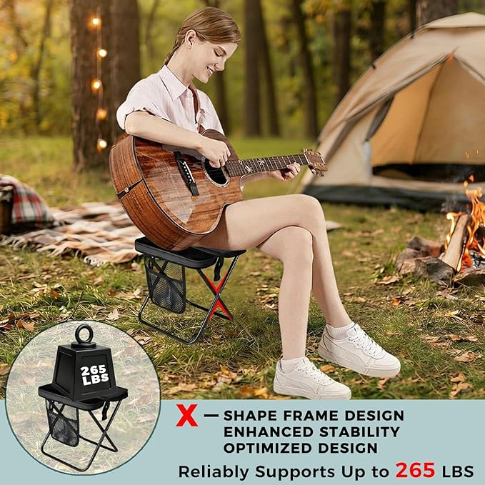 12" Portable Collapsible Stool - Folding Chair with Storage Pouch, Convertible Satchel for Hands-Free Carry & Supports 265Lbs, Ultralight for Hiking, Fishing, Camping, Festivals (Black, Standard)