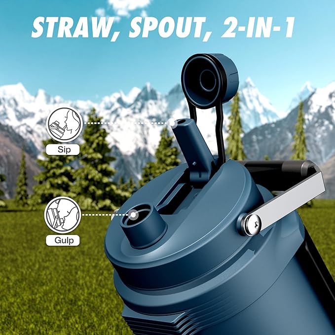 Half Gallon Water Jug for Men: 2-in-1 Straw Spout Lid, Dual Handle, Leakproof, Keep Cold 48H, 64 oz Insulated Water Bottle for Outdoors, Travel, Gym, Trip, Workout, Daily, Hydration, Picnic (Deepsea)