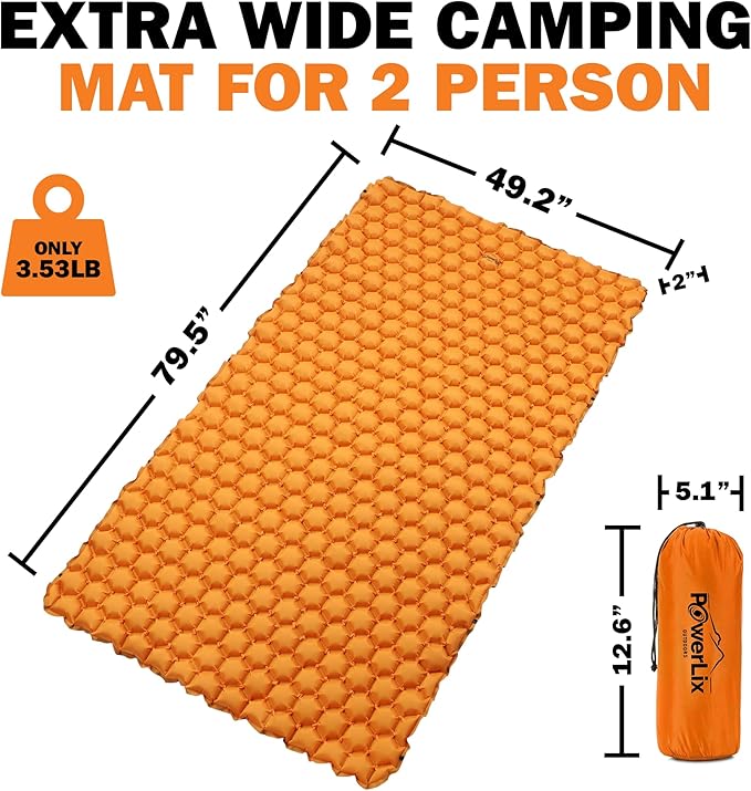 POWERLIX Double Inflatable Sleeping Pad - Camping Mattress for Backpacking, Hiking Traveling, Compact Camping Sleeping Mat for 2 Person, Portable Ultralight Camping Pad Air Mattress Orange