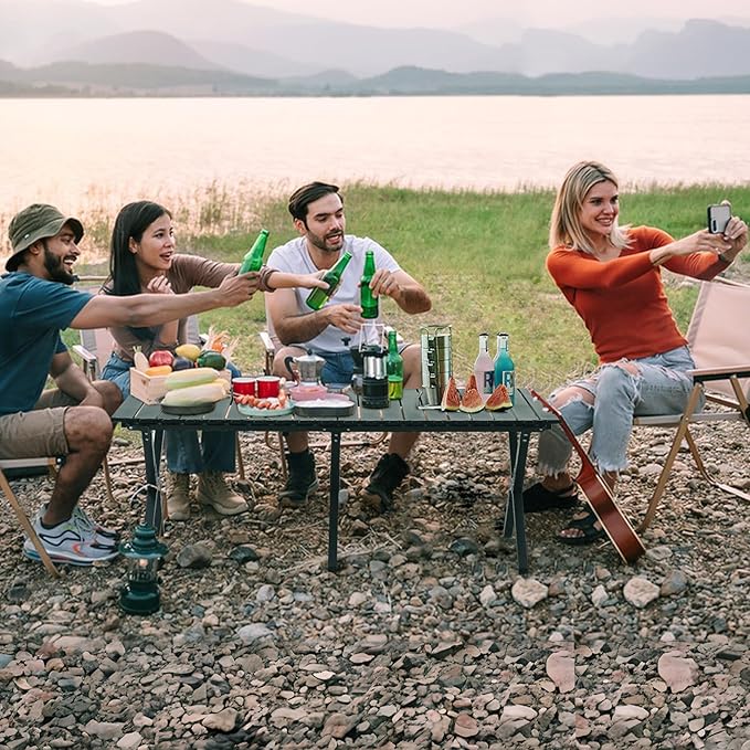 Roll-Up Camping Table Black Aluminum Low Folding Table for Outdoor Picnic BBQ Backyard Beach Easy Carrying in Bag-4FT