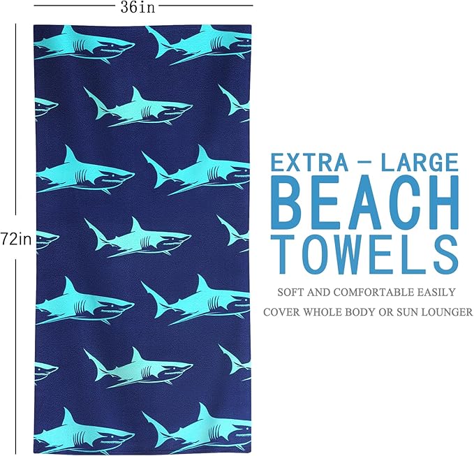 4 Packs Oversized Thin Beach Towel Set XL Extra Large Big 36 x 72 in Clearance Travel Towels Soft Swim Blanket for Adult Women Men Chair Cover Accessories Essentials Blue Shark Turtle Pink Flamingos