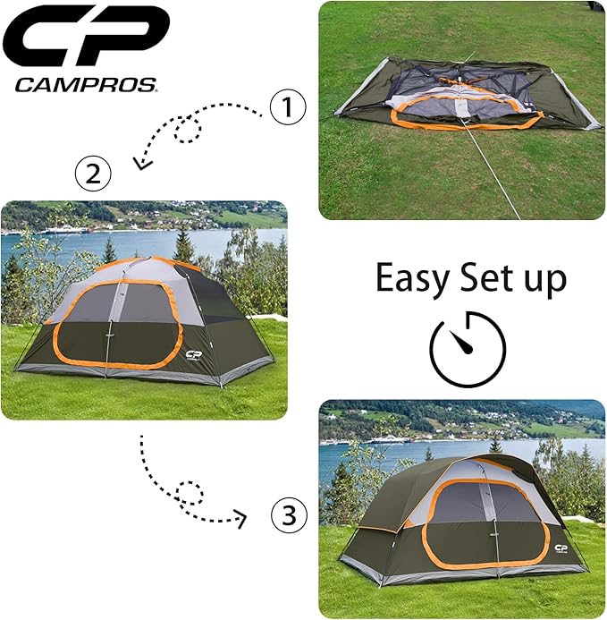 CAMPROS CP Tent 8 Person Camping Tents, Waterproof Windproof Family Tent with Top Rainfly, Large Mesh Windows, Double Layer, Easy Set Up, Portable with Carry Bag, for All Seasons