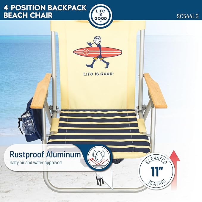 Life is Good 2-Pack 4-Position Aluminum Backpack Beach Chairs, Portable Folding Camp Chairs with Carrying Straps for Camping, Beach, Tailgating, Multi Color