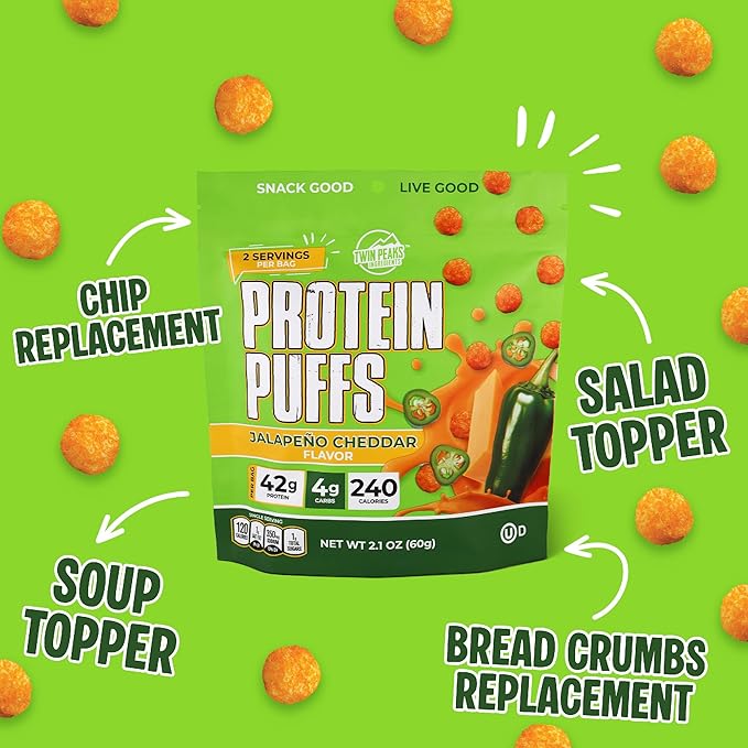 Twin Peaks Low Carb, Keto Friendly Protein Puffs, (Jalapeno Cheddar, 2.1 Ounce), 2 Servings, 3 Pack (60g, 42g Protein, 4g Carbs)