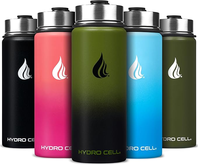 HYDRO CELL Stainless Steel Insulated Water Bottle with Straw - For Cold & Hot Drinks - Metal Vacuum Flask with Screw Cap and Modern Leakproof Sport Thermos for Adults (Army/Black 18oz)