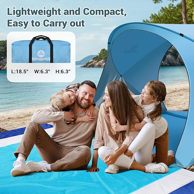 Beach Tent Sun Shelter, Beach Tent with Beach Mat Set, 4 Person Portable Beach Shade Canopy with UPF 50＋ UV Protection, Dual-Door Ventilation Design, Easy Setup Family Beach Umbrella (Blue)