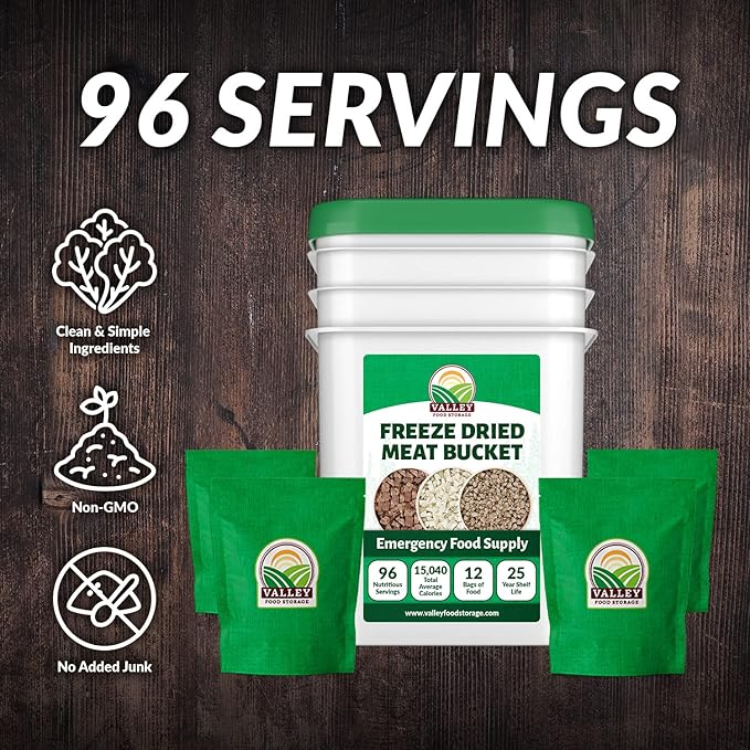 92 Serving Freeze Dried Meat Bucket | Premium Emergency Food Supply Contains 1,352g Protein | Survival Food 25 Year Shelf Life | Backpacking Meals, Prepper Supplies | Valley Food Storage