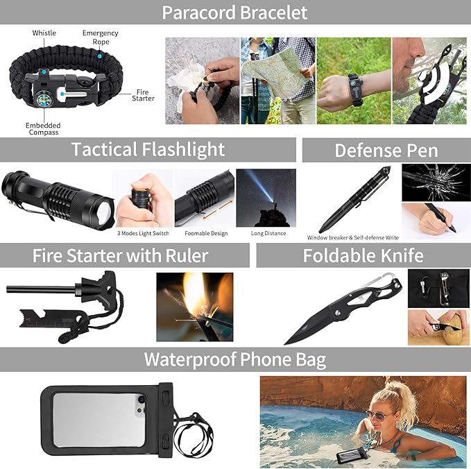 Emergency Survival Kit and First Aid Kit, Camping First Aid Survival Kit with Molle Pouch for Preparedness Outdoor Adventure, Black