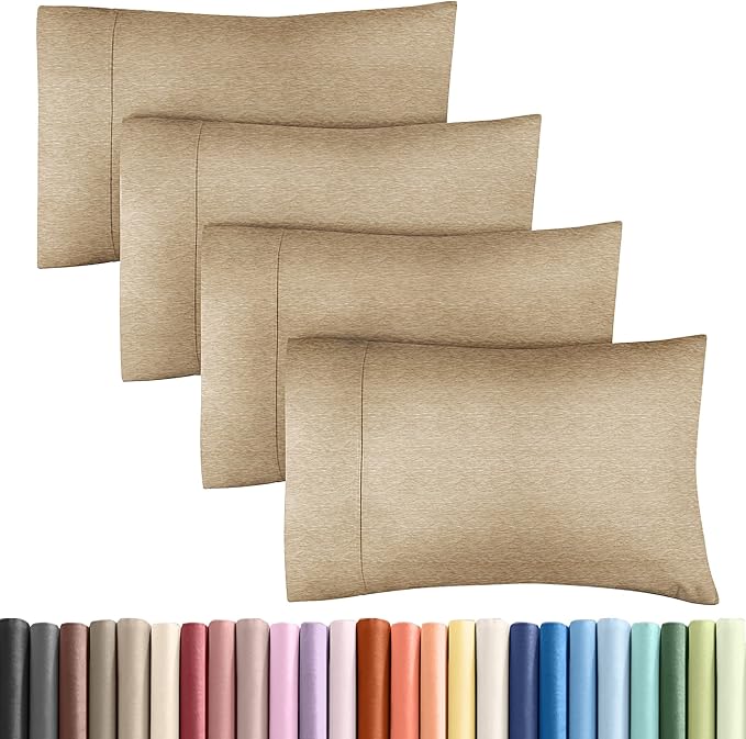 Pillowcases - Ultra Soft Hotel Quality Pillowcase Covers - Comfy, Cozy & Wrinkle Free - Shrinkage and Fade Resistant - Machine Washable Pillow Protectors - (Queen, Heathered Tan, 4 Piece Set)