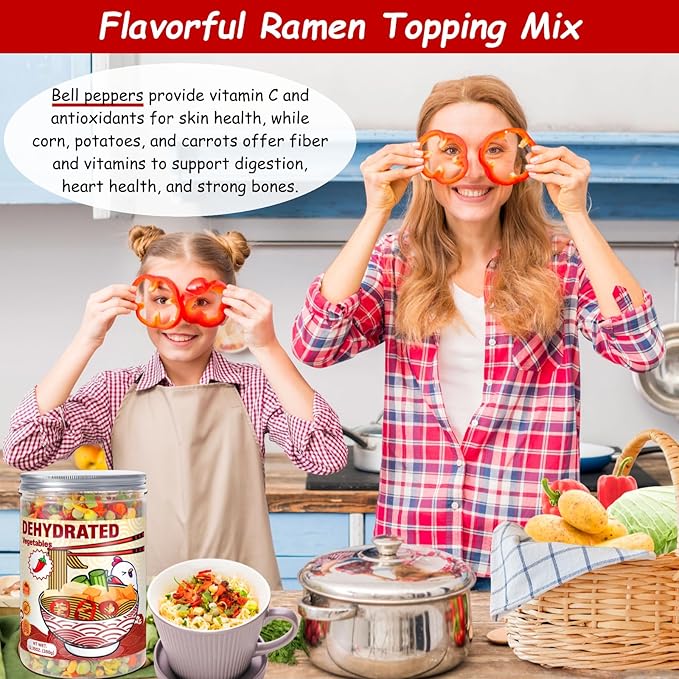 Dried Ramen Toppings Dehydrated Vegetables – 9 Mixed Vegetable Green & Red Bell Peppers, 12.35oz Natural Dried Veggie Flakes for Ramen Noodles, Camping Food Emergency Supply, Soups, Vegan