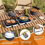 Hisencn Portable Camping Stove, 2 Burner Foldable Camp Stove, 20000 BTU Folding Gas Stove, Portable Propane Stove with Carry Bag, Adjustable Burners & Piezo Ignition, Includes Frying Pan, Kettle, Pot