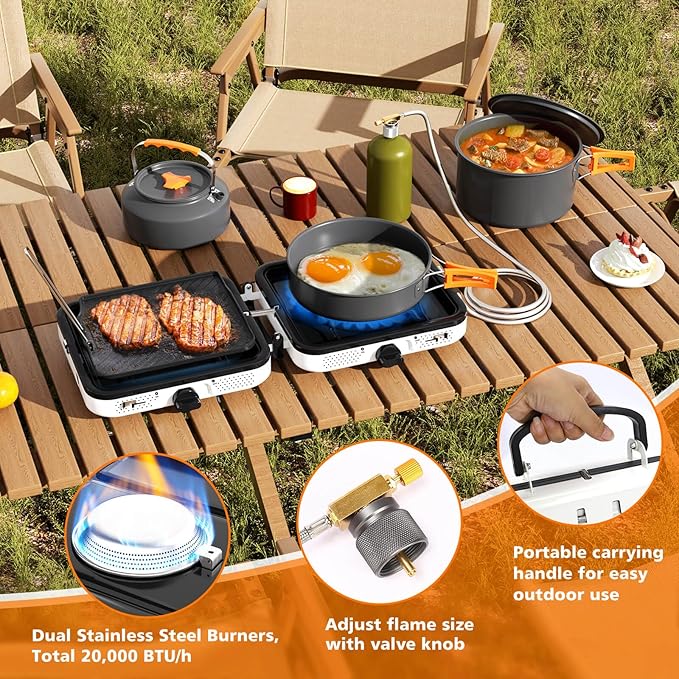 Hisencn Portable Camping Stove, 2 Burner Foldable Camp Stove, 20000 BTU Folding Gas Stove, Portable Propane Stove with Carry Bag, Adjustable Burners & Piezo Ignition, Includes Frying Pan, Kettle, Pot