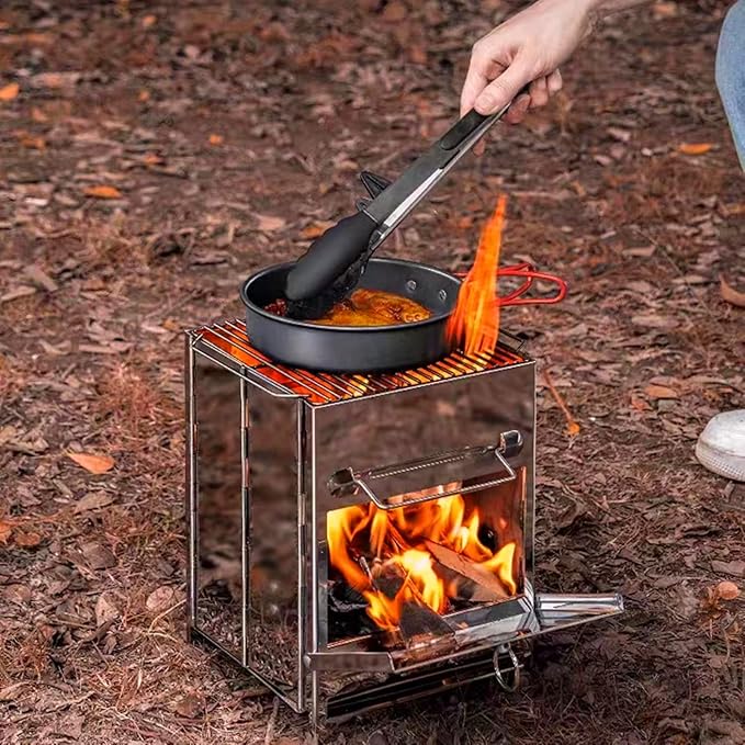Portable Wood Burning Camp Stove with Grill - Folding, Backpacking, Box Stove with Fire Blowing Stick and Carrying Bag