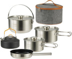 Camping Cookware Set 304 Stainless Steel 10pcs Pots & Pans,Kettle, Travel Mesh Bag for Camping, Trekking, Backyard Picnic & Backpacking Gear