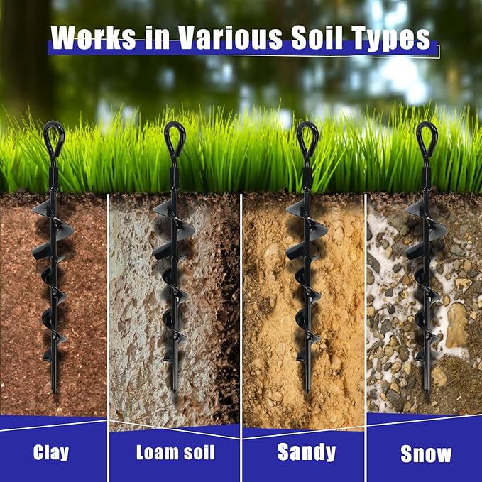 Eazy2hD 6 Pack Tent Stakes Heavy Duty, 15 Inch Ground Anchors Screw in, Metal High Winds Trampoline Stake with Nut and Tool, Spiral Anchor Kit for Camping, Swing Set, Mobile Home, Car Ports