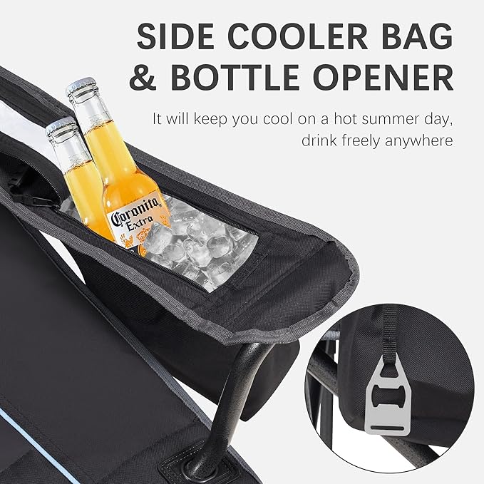 Oversized Folding Camping Chair for Adults - 450lbs Support - Heavy Duty Portable Lawn Chairs with Side Pocket Cup Holder Cooler Bag for Sports Garden Beach Fishing, Black 2 Pack