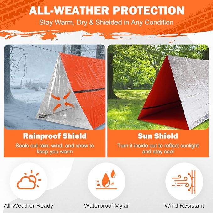 Emergency Survival Tent Life Shelter - 2 Person Mylar Emergency Shelter Tube Tent with Emergency Whistle & Paracord, All-Weather Essential Survival Gear for Camping, Hiking & Survival Kits