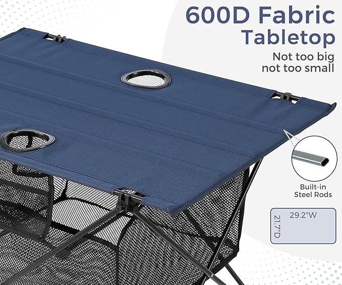 Lightweight Portable Camping Table with 2 Cup Holders - Collapsible Compact Canvas Beach Table/Side Table for Lawn Fishing & Outdoor, Large Capacity Storage, 29.2" W x 21.7" D (Blue)