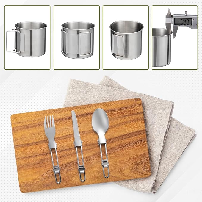 Camping Cookware Kit Backpacking, 0.33Gal Pots and 0.17Gal Pans Set,0.08Gal SUS304 Cup, Forks Knives Spoons for Hiking,Camping,Outdoor Cooking,Picnic,Solo Camping cookware