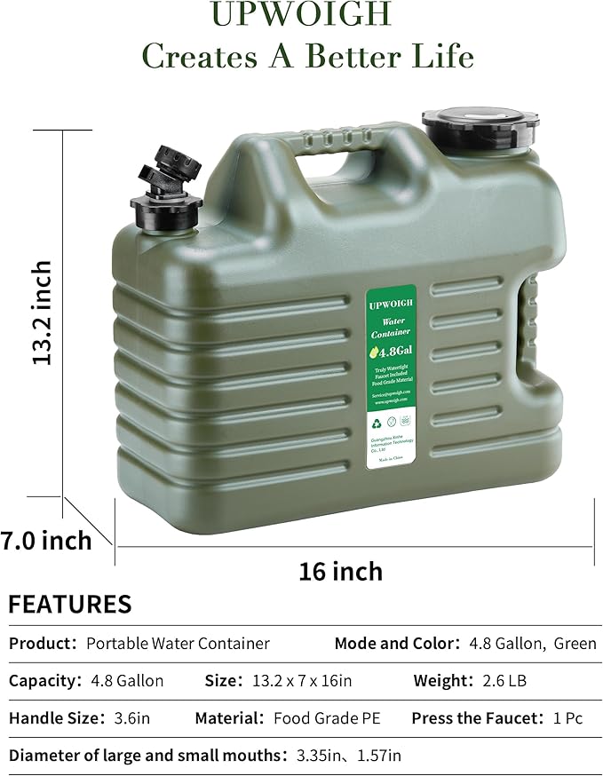UPWOIGH 5 Gallon Water Jug, Thickened Water Storage Overlanding Gear Containers, Camping Essential Truly Leak-Proof Green Water Tank,BPA Free Portable Emergency Water Can for Outdoors Hiking RV