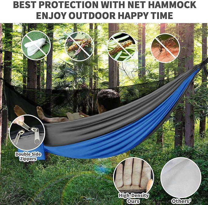 Camping Hammock with Mosquito Bug Net Tent and Rain Fly Tarp, Portable Single Double Nylon ParachuHammock with Heavy Duty Tree Strap for Backpacking Travel Survival Hiking Outdoor Activities (Blue)