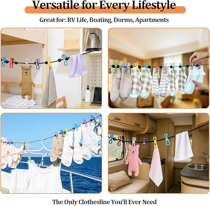 Travel Clothesline Retractable Portable Clothesline with 12 Clips Portable Elastic Camping Clothes Line with Anti-Slip Beads & Stainless Hooks for Hotel, RV, Boat, Outdoor Use (1 Pack)