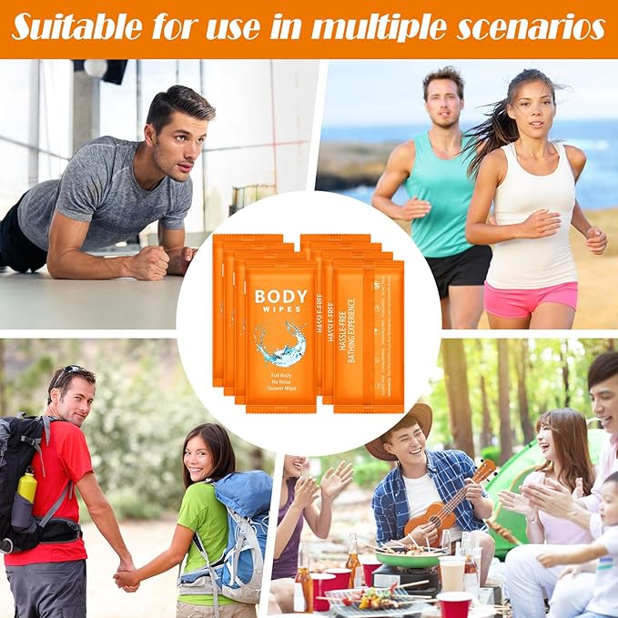 Treela 300 Pcs Bulk Deodorant Large Body Wipes Individually Wrapped Wet Wipes Travel Size for Adults Shower for Homeless Supplies Hygiene Personal Cleansing for Hiking Gym(7.09" X 9.84",Orange)