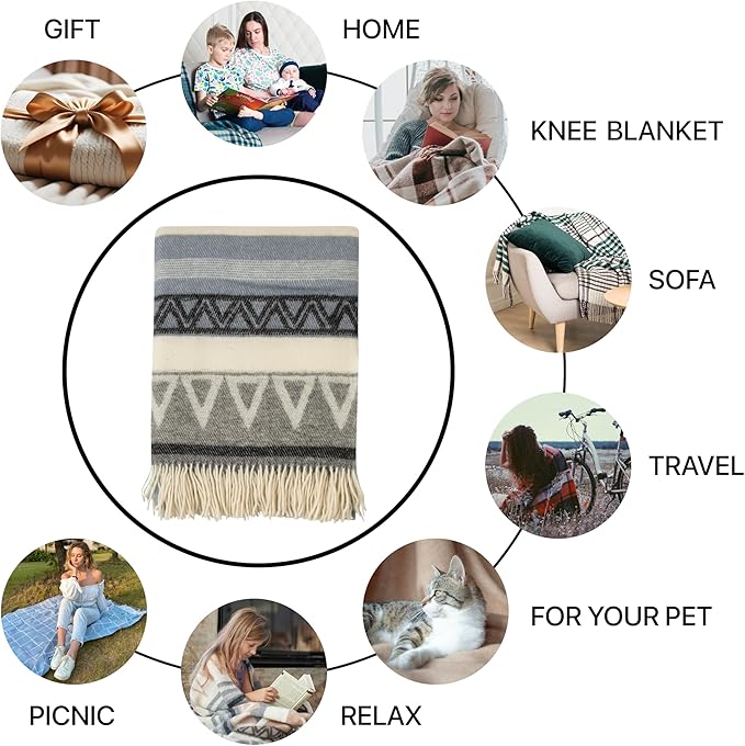New Zealand Virgin Wool Throw Blanket, Indoor & Outdoor Blankets and Throws, Soft Blanket with Fringes, 55 x 79 in (140 x 200 cm), Beige Gray Blue
