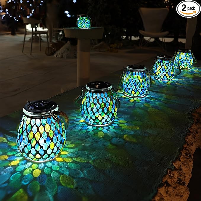 Cooo 2 Pack Mosaic Solar Lantern Outdoor Waterproof IP68 Hanging Projection Light Hidden Lid Pear-Shaped Lantern with Rope Handle Solar Powered Auto On for Patio Garden Fence Table - Azure Lattice