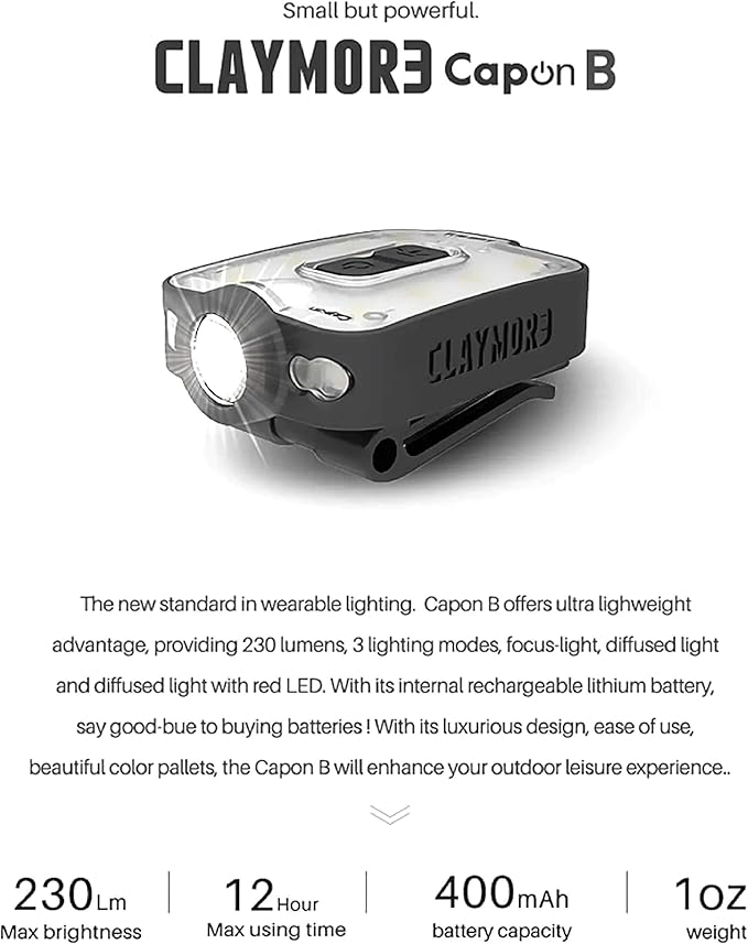 Claymore Capon 40B Black Clip-On Cap Light – USB-C Rechargeable 230LM LED Headlamp | 3 Light Modes 180° Adjustable Beam IP54 Water Resistant Up to 12 Hrs Runtime for Camping, Running, Outdoor