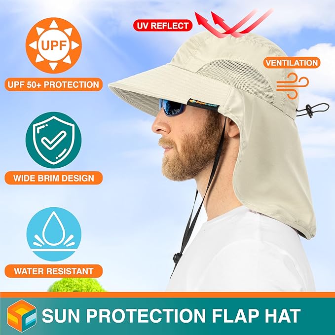 SUN CUBE Wide Brim Sun Hat with Neck Flap, UPF50+ Hiking Safari Fishing Hat for Men Women, Sun Protection Beach Hat