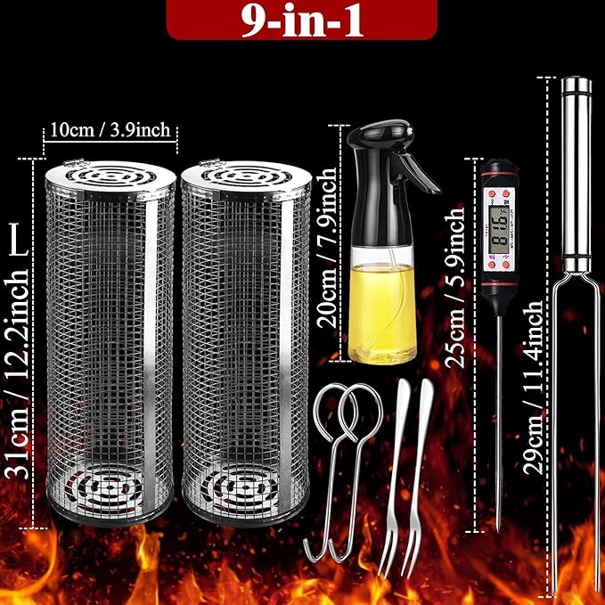 Rolling Grilling Baskets for Outdoor Grill Bbq Net Tube Round Mesh Barbecue Wire Cylinder Cage Picnic Must Haves Charbroil Yakitori Camping Campfire Cooking Basket Gear for Veggies Vegetable Fish Meat