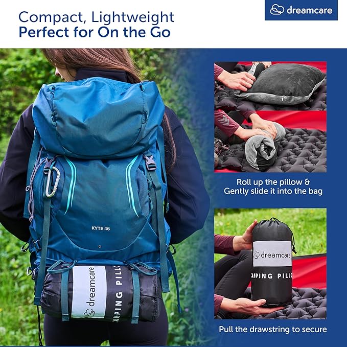 DREAMCARE Camping Pillow, Memory Foam Travel Pillow, Camping Accessories - Small Pillow Camping Essentials Camping Pillows for Sleeping, Backpacking Pillow, Travel Pillows for Sleeping (Medium,Black)