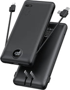 Portable Charger,Power Bank Built-in Cables and AC Wall Plug,VRURC USB C Portable Bank 10000mAh,Travel Essentials Phone Charger Compact Lightweight External Battery Pack for Smart Phones,Tablets-Black