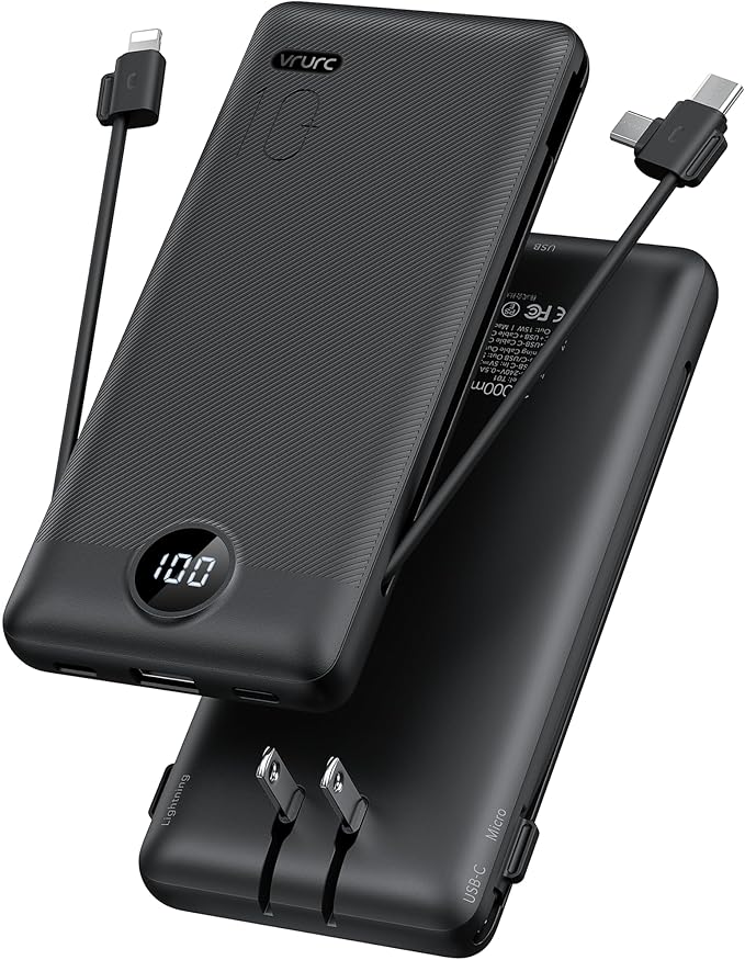 Portable Charger,Power Bank Built-in Cables and AC Wall Plug,VRURC USB C Portable Bank 10000mAh,Travel Essentials Phone Charger Compact Lightweight External Battery Pack for Smart Phones,Tablets-Black