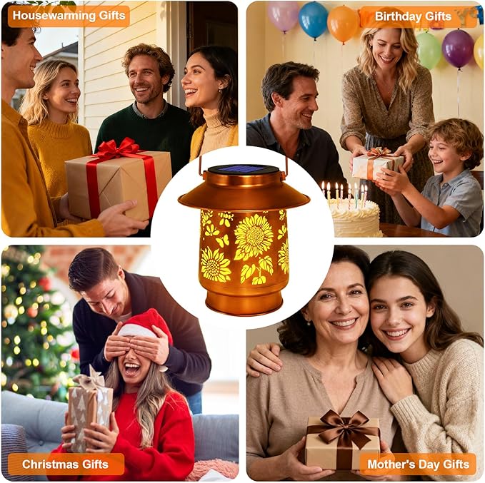 Sunflower Solar Lanterns Outdoor Waterproof Brim,Garden Decor Birthday Gifts for Women Mom Grandma,Metal Hanging Solar Lights Outside Decorative for Yard Patio Backyard Pathway