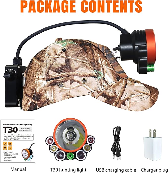 T30 5-Color Coon Hunting lights-2000lm White/Red/Walking/Amber+Green Beam, 9-Speed Dial, IPX6 Waterproof Rechargeable Night Hunting Headlamp for Varmint Hog Coyote