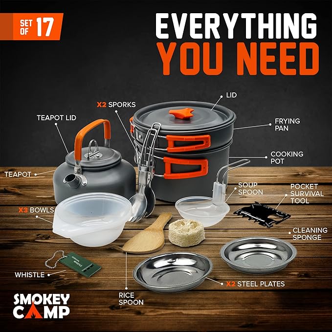 Camping Cookware Mess Kit Set with Stove - Backpacking Camping Pots and Pans Set, All in One Non-Stick Camping Cooking Set, Portable Stove, Hiking, Picnic, Outdoor & Camping Cookware Set