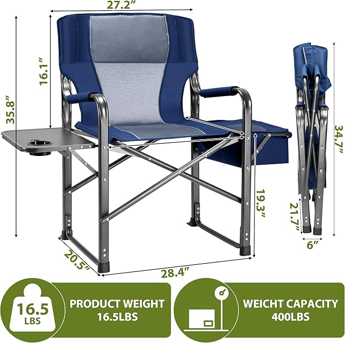 Folding Camping Chair, Heavy Duty Chairs for Adult, Directors Chair, Folding Beach Chair, Oversized Portable Camping Chair with Side Table and Cooler, 400lbs Capacity for Beach, Fishing, Trip, Picnic