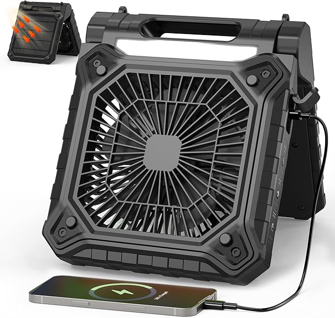KITWLEMEN 10.2 Inch Solar Camping Fan with Light- Rechargeable Battery Operated Fan, 38H Run Time, 3 Speed, 6H Timer, SOS Signal, Portable Desk Fan for Camping Fishing RV Trips Hurricane Power Outage