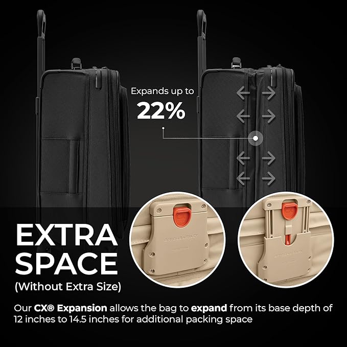 Briggs & Riley 26" Medium Expandable Spinner - Checked Luggage for Travel, Suitcases with Wheels, Softside Rolling Bag for Men & Women, Self-Repairing Zipper - Baseline Collection, Black