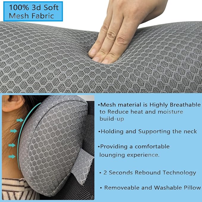 REEZEIVI 2 Pack Headrest Pillow for Patio Chaise Lounge,Chaise Lounge Pillows Outdoor 3D air mesh with Elastic Band,Quick Drying and Washable Spa Pillow for Recliner,Beach Chair,Office Chair,Gray