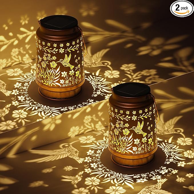 2 Pack Solar Lanterns Outdoor Waterproof, Metal LED Garden Light,for Yard, Patio, Lawn, Tabletop, Pathway, Landscape,Walkway, Terrace, Balcony (Hummingbird)